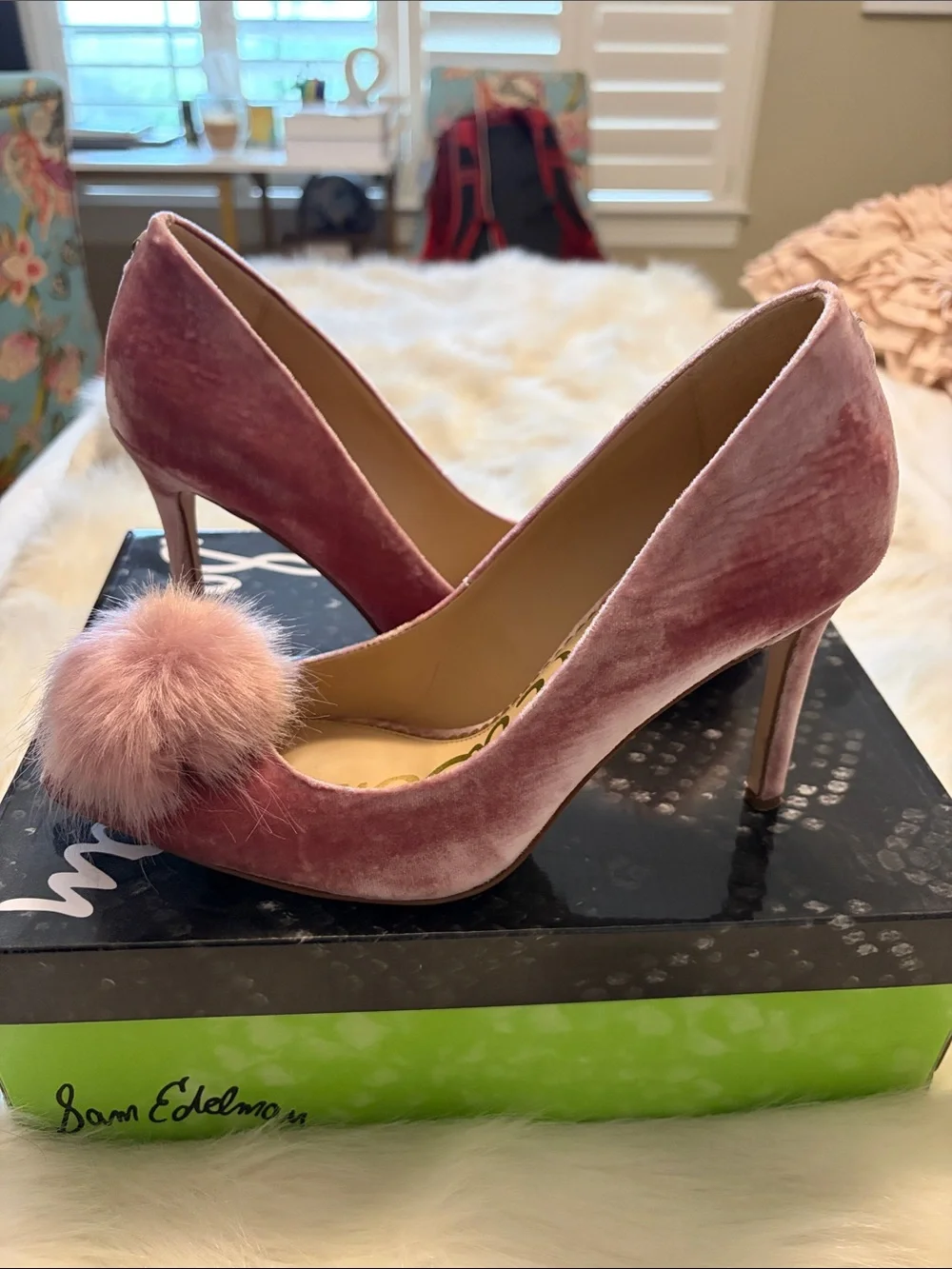 Sam Edelman Pink Velvet Pointed Toe Pumps with Pom-Pom - Picture 5 of 7
